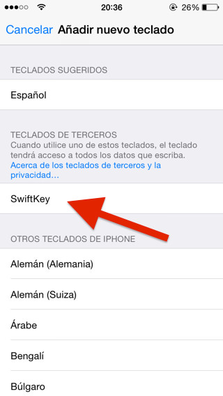 Elige el teclado instalado Teclados nuevos iOS 8 iPad