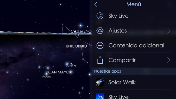 Configuración app de estrellas, planetas, constelaciones